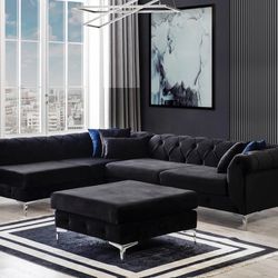 Lexi Black Velvet LAF Sectional with Ottoman /couch /Living room set