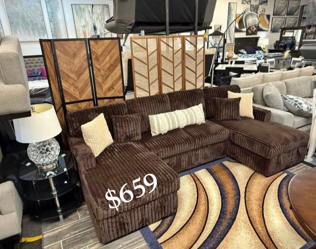 Gorgeous Chocolate 3-Pc Fur-like Jumbo Corduroy Sectional Sofa With Double Chaise Storage 