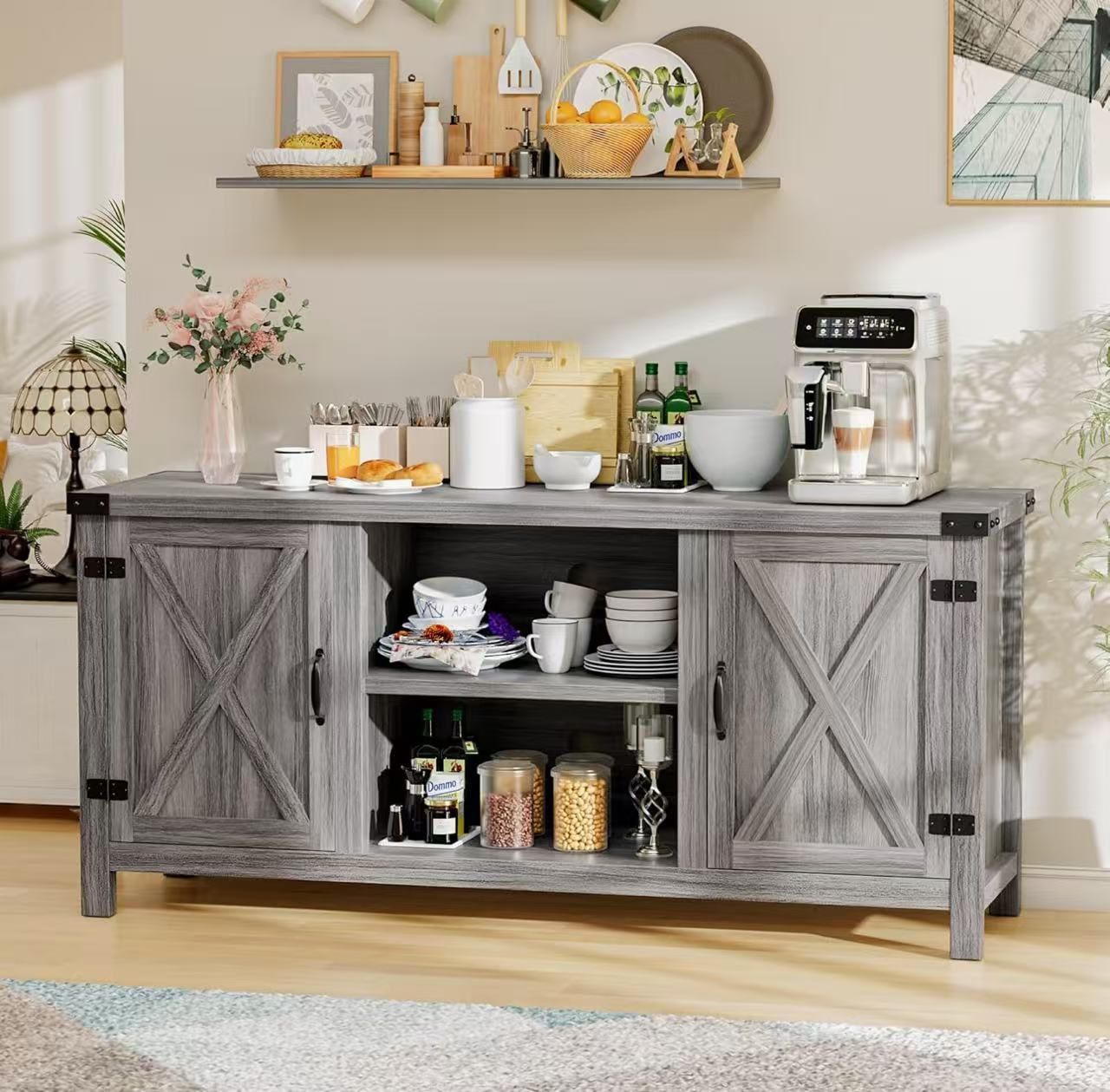 YESHOMY Farmhouse Buffet & Sideboard, 58" Kitchen Storage Cabinet with Adjustable Shelves & Doors, Wood Coffee Bar for Living Room, Entryway, Gray Was
