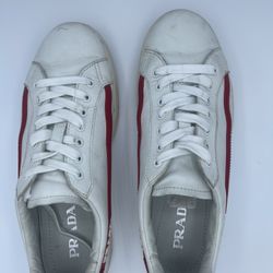 Low-Top Sneakers - White Leather with Red Stripe - Size 9.5