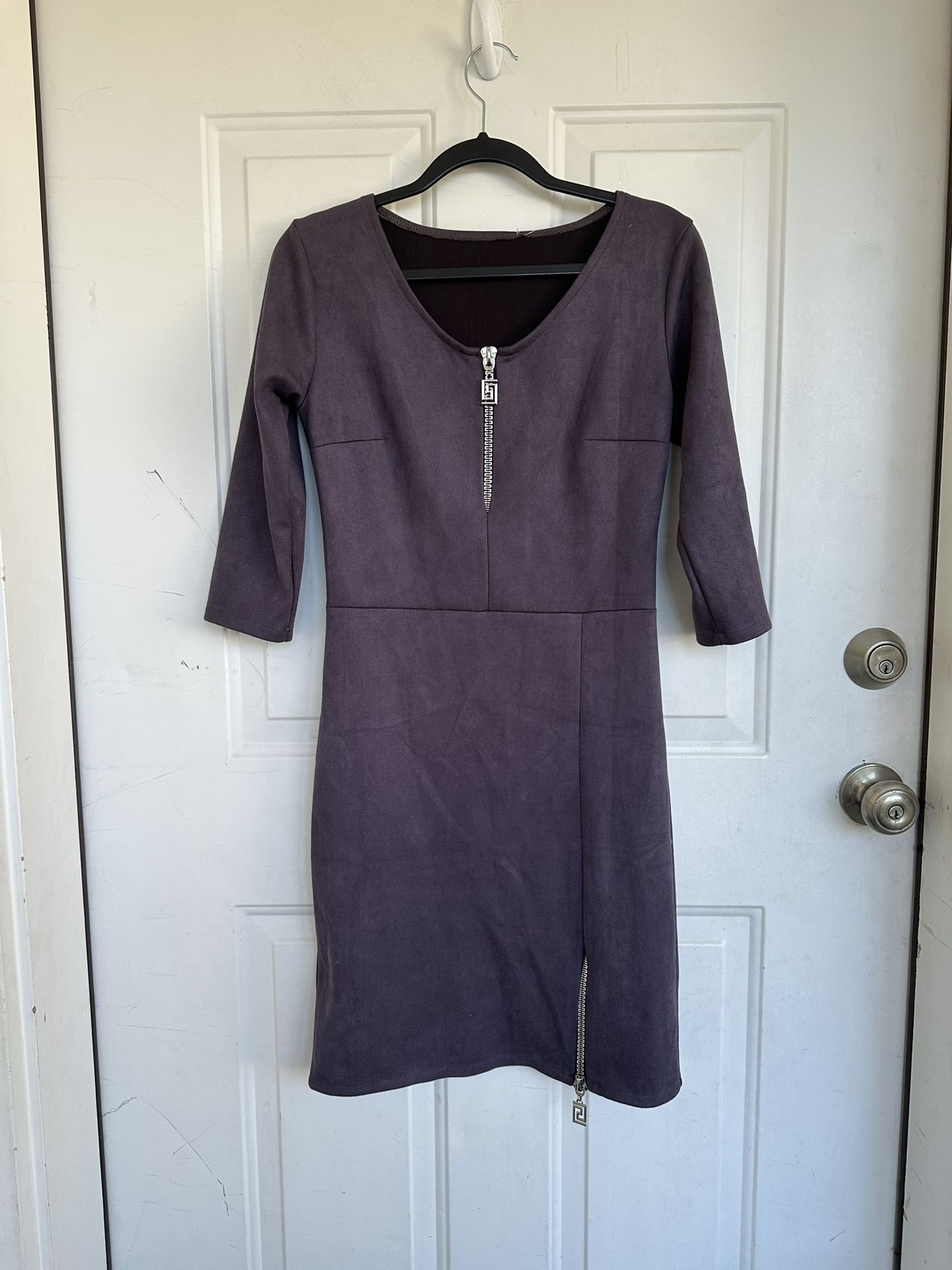 Faux Suede Half Zip Sheath Dress Crew Neck Lavender Women's S