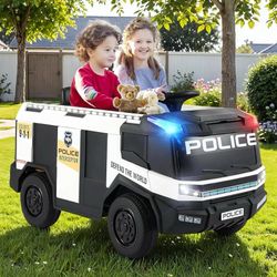 12V Electric Police Car, Ride on Toys for Kids w/Power Wheels, Remote Control, Spring Suspension, Bluetooth, Loudspeaker, Water Gun, Lights, 