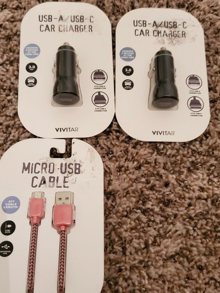 New Micro USB cable & 2 USB-A/USB-C car charger
