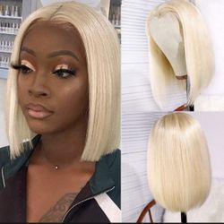 613 Blonde Short Bob Wigs virgin Human Hair Lace frontal Closure Brazilian Straight Pre Plucked 10"