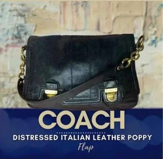 Coach poppy leather pushlock black flap bag.