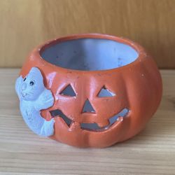 Vintage Halloween Jack O Lantern Pumpkin & Ghost Ceramic Candle Holder 