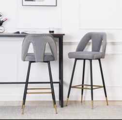 NEW TWO (2) Gray Velvet Upholstered Bar Stools