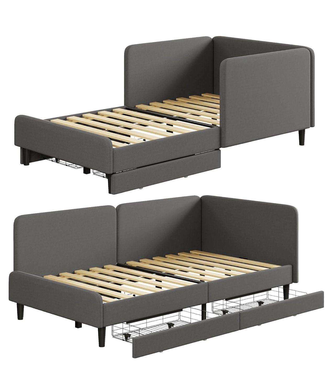 Twin XL Daybed with Headboard, Corner Bed Frame with Bed Rails and Storage Drawers, Solid Support, for Bedroom Guest Room, Dark Gray