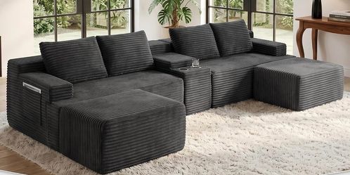 Brand New "Boneless" Couch + 2 Ottomans & Console