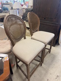 Pair of Louis Traditional French Inspired Beige Fabric and Rattan Bar Stools- 25”