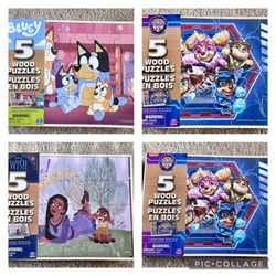 5 Wood Puzzles 24pc -8pc in Storage Box for Kids ($5 each) 