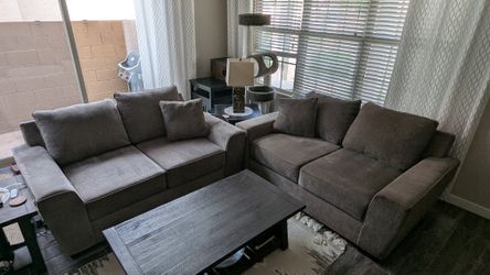 Pair of Living Spaces "Parker II" Loveseats - Warm Taupe / Tan