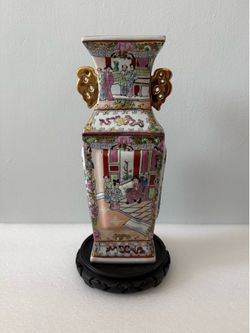 16” Vintage Chinese Rose Mandarin Vase & Wood Stand