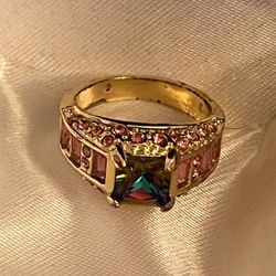 EMERALD CUT MYSTIC TOPAZ RING WITH PINK DIAMOND CZ ACCENTED SIDES