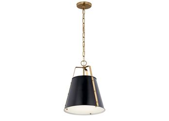 Kichler Etcher 1-Light Pendant, Updated Traditional Light with Etched Painted White Glass Diffuser in Black and Champagne Bronze, for Kitchen or Dinin
