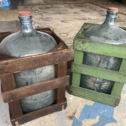 1960’s glass sparklets bottles, blue hue with wood holder