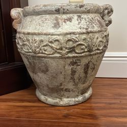 Large Antique White Washed Ceramic Clay Pot