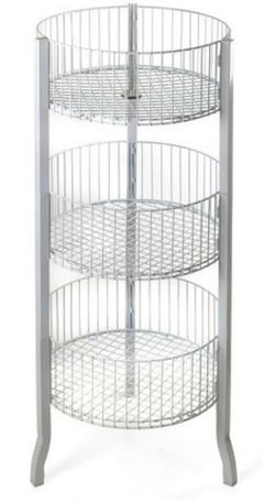 3 Tier Wire Basket Display Rack, Floor Standing, Round Bins, Metal Frame - White