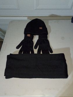 Black Knit Beanie, Gloves, and Scarf Set
