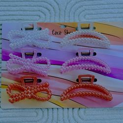 Pink and White Hair Claw Clips with Beaded Design