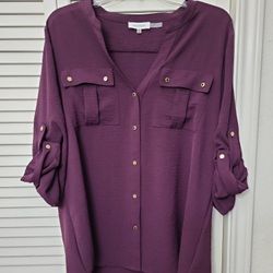 Calvin Klein Textured Roll Up Gold Buttoned Down Aubergine Purple Blouse Size LGG 