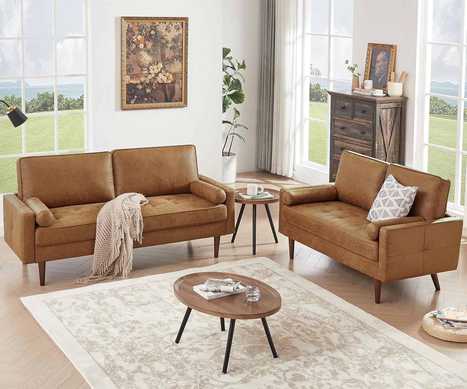 Sofa And Loveseat Set , 68" Faux Leather Couch Mid Century Modern Sofa Couch w/Tufted Deep Love Seat, 2 Pillows & Solid Wood Frame, Home Sofa Living R