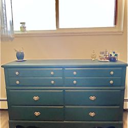 French Country Style Ornate 6 Drawer Dresser Deep Teal Green 
