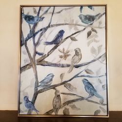 Blue Bird Painting Canvas Float Mounted in Metal Frame 29" x 23" ART Wall Hanging