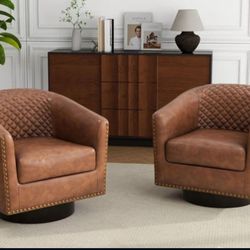 Set Of 2 Swivel Barrel Accent Chair, Comfy Modern Upholstered Round Faux Leather Arm Chair for Living Room