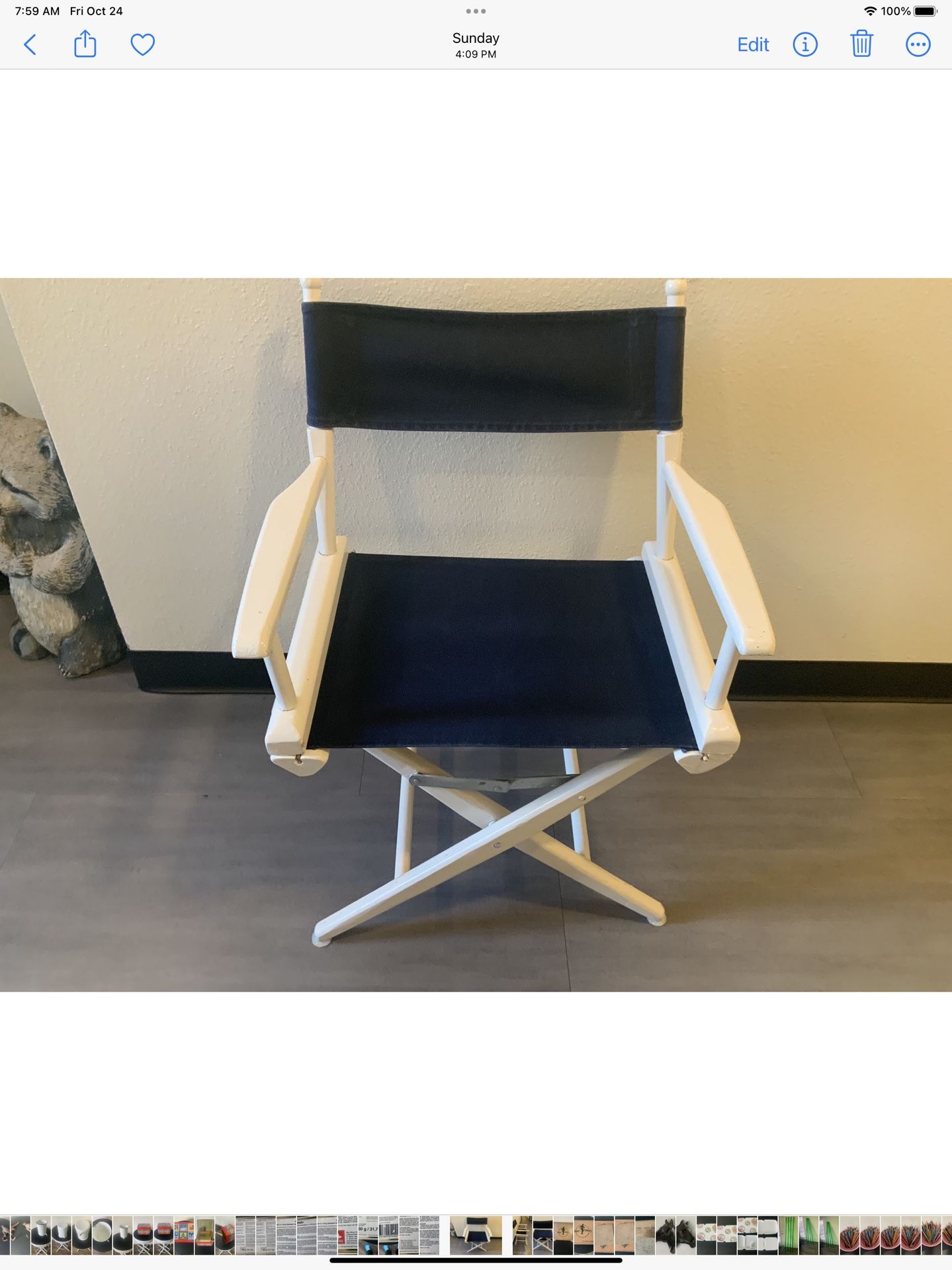 Directors Chair. 31in High (back).  18in Seat Size.  17in floor to Seat. $25