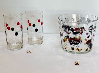 Hazel Atlas Vintage Glass Ice Bucket Casino Gambling Graphics Vintage 1950s | Hazel Atlas Retro Polka Dot Glasses | Pricing In Description