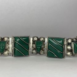 Vintage Mexican Sterling Silver Green Onyx Tribal Face Linked Bracelet