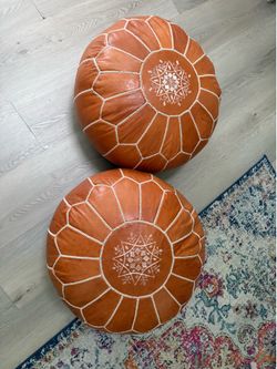 Pair of Boho Leather Round Poofs