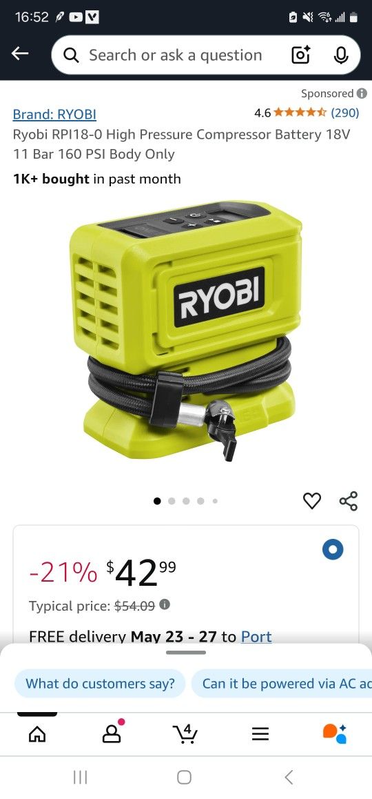 Ryobi RPI18-0 High Pressure Compressor Battery 18V 11 Bar 160 PSI Body Only