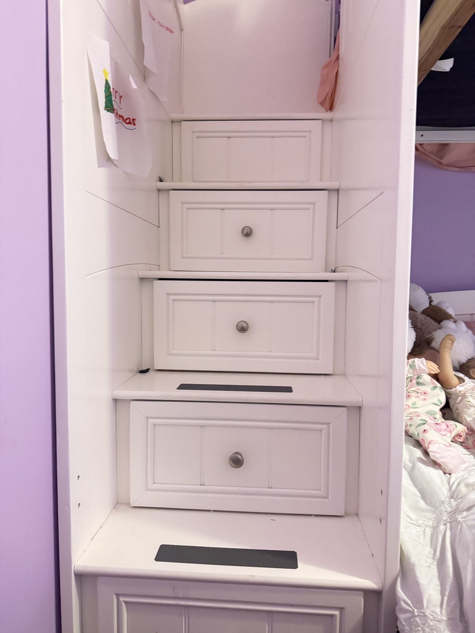 Top Part Of White Bunk Bed With Built In Drawers And Desk. Mattress