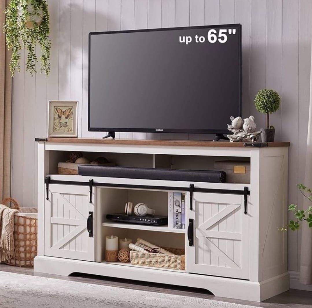 OKD Farmhouse TV Stand for 65+ Inch TV, 33" Tall Highboy Entertainment Center w/Sliding Barn Door, Rustic Media Console w/Storage Shelves, Wood Televi