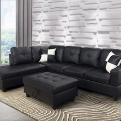 Black Sectional Sofa With ottoman 2pillows New