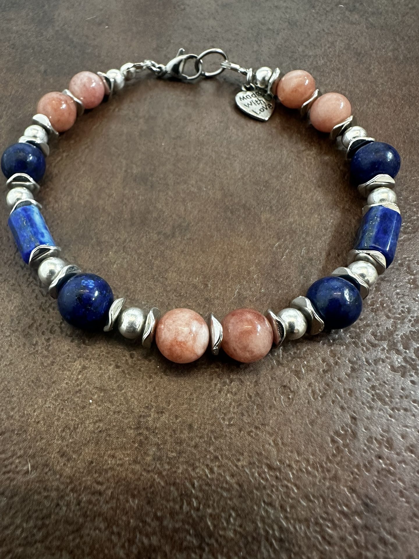 Beaded Sterling Silver Bracelet with Blue and Pink Stones