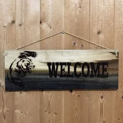 Bear Welcome Porch Hand Burned Wood Sign