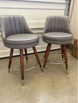 Counter Height Bar Stools Set of 2, 24" White Bar Stools with Backs, Leather Swivel Counter Stools with Wooden Legs for Kitchen, Dining Room, Bar