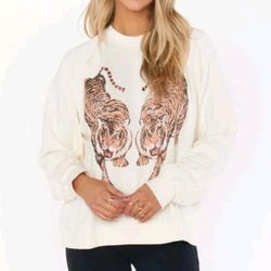 Show Me Your MUMU Simon Pullover Cream Dancing Tiger Graphic Sweatshirt Size XS