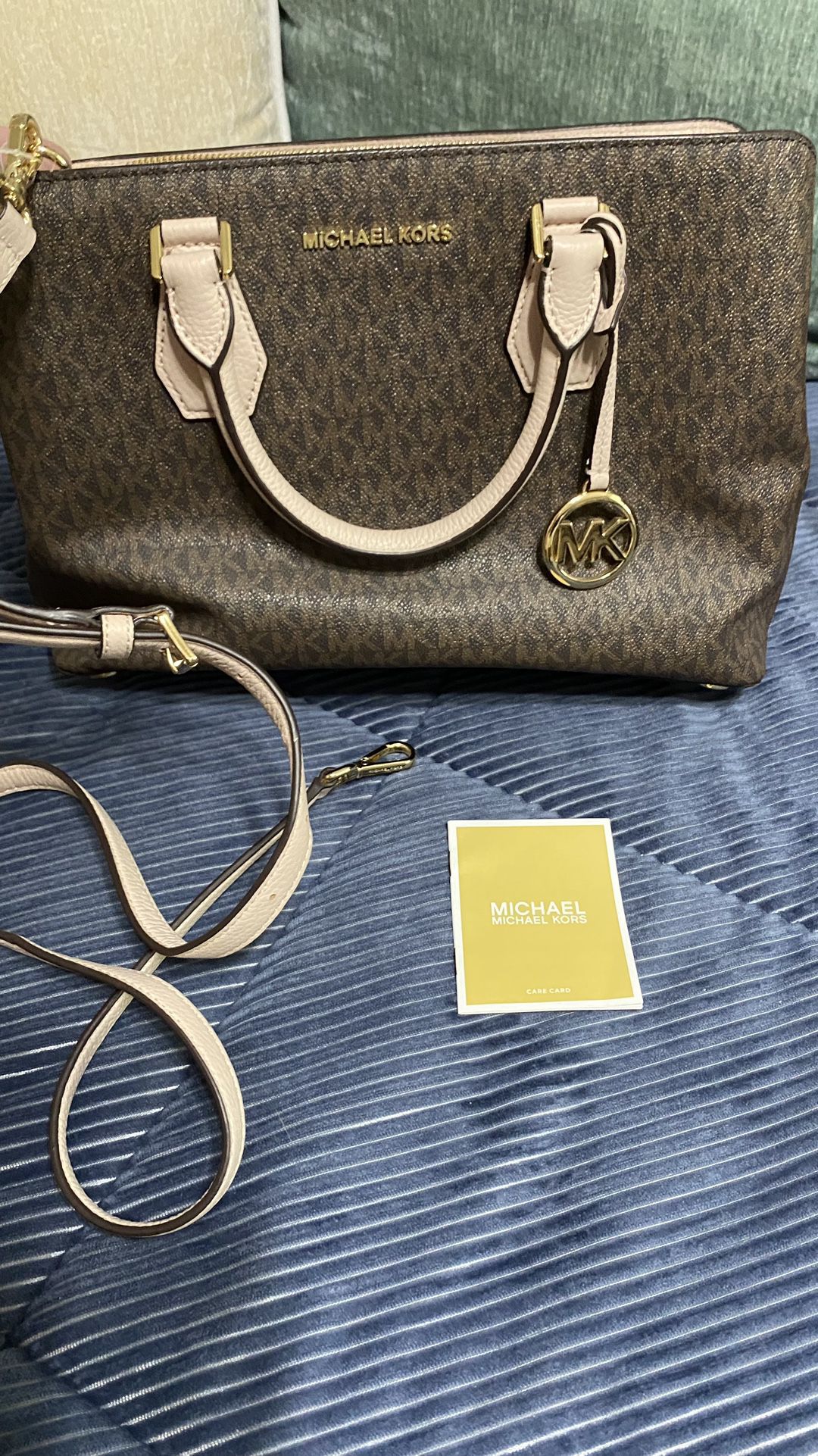  Michael Kors CAMILLE LARGE LOGO AND LEATHER SATCHEL Classic Brown & Pink