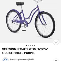 Brand New Schwinn Legacy 26” Cruiser Bike – Purple – Never Used