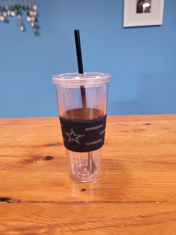 Dallas Cowboys 16 oz Sip & Go Tumbler with Blue Straw ~ Screw On Lid, Plastic