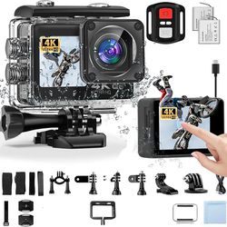 4K Action Camera, Sports Video Camera WiFi with Touch Screen Dual Screen 131FT Underwater Camera Waterproof, EIS 2.0, 170° Wide Angle, Zoom, 2 Batteri