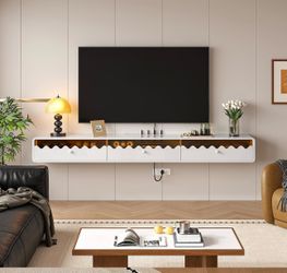 New 70'' Floating TV Stand With Glass Drawers & Door, Wall Mounted Console Entertainment Center