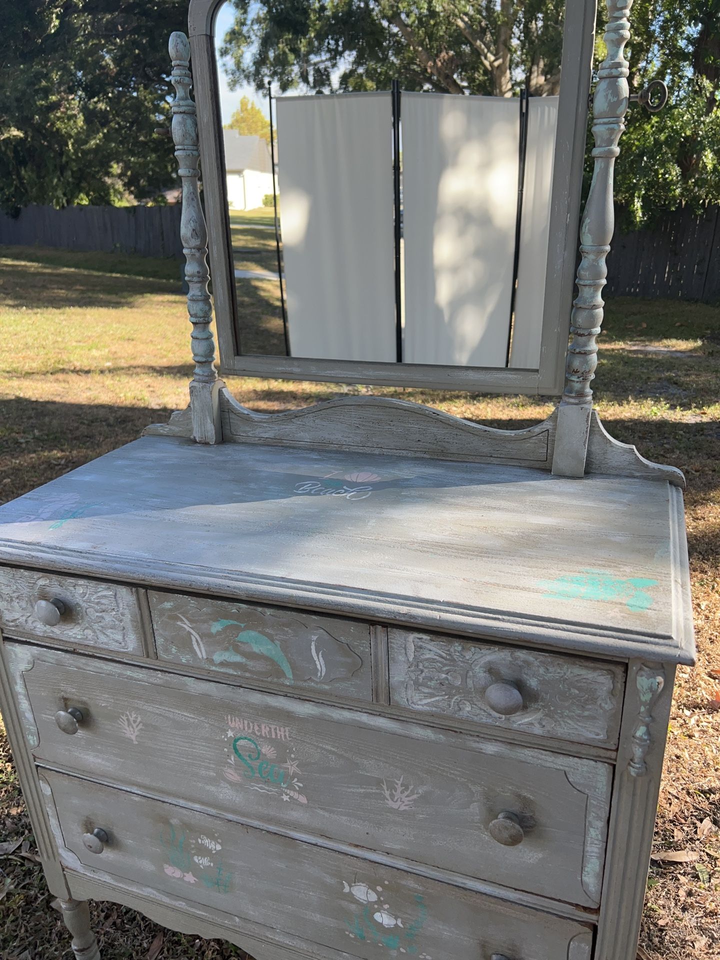 AUTHENTIC ANTIQUE DRESSER WITH MIRROR SEA BEACH THEME 