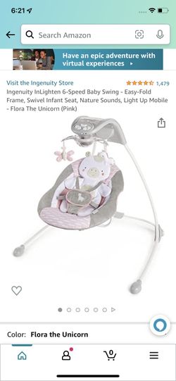 Ingenuity InLighten 6-Speed Baby Swing - Easy-Fold Frame, Swivel Infant Seat, Nature Sounds, Light Up Mobile - Flora The Unicorn (Pink)