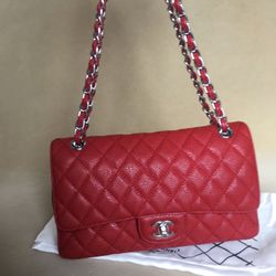 Chanel Classic Wallet on Chain, Red Caviar with Silver Hardware