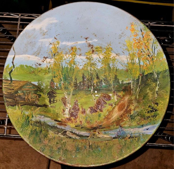 Antique Painted Gold Mining Pan 15" Dia. 2" Tall The painting Has Rust SEE Pic.